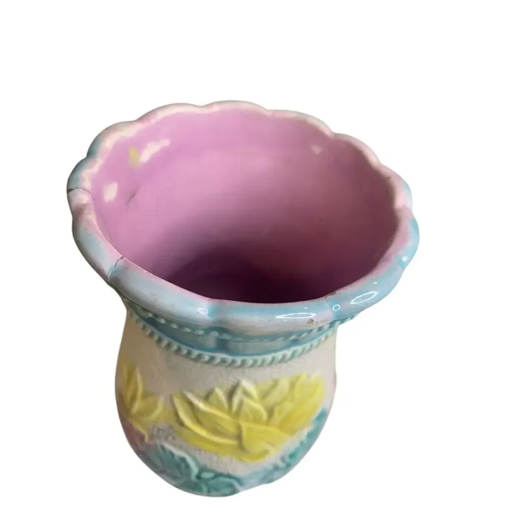 Antique‎ Majolica Water Lily Pond Vase 5.5 Inch High Repaired Vivid